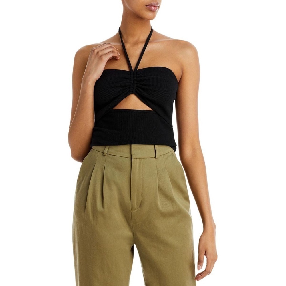 Aqua Womens Knit Ribbed Cut-Out Halter Top Shirt